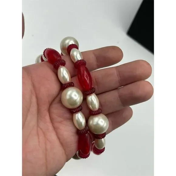 Statement Necklace Faux White Pearl & Red Bead Multicolor Nickel-Free - Picture 3 of 3